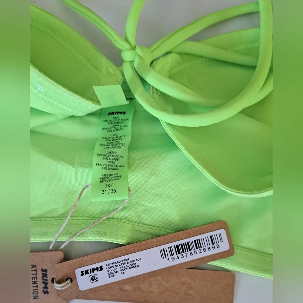 ⛱️NWT SKIMS 2 Piece long sleeve Bikini Top & Midrise bottoms Set NEON GREEN 3X